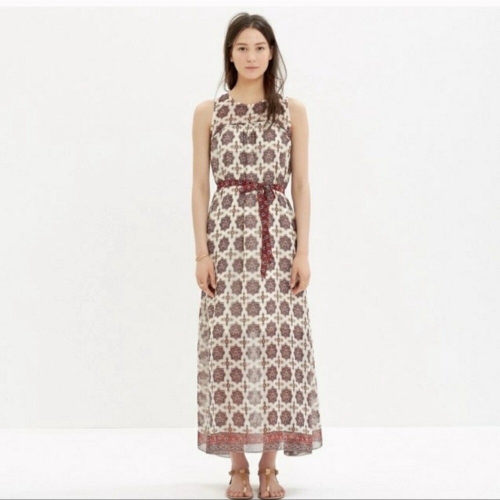 Madewell Cream and Brown Floral Maxi Dress with Red Waist Sash